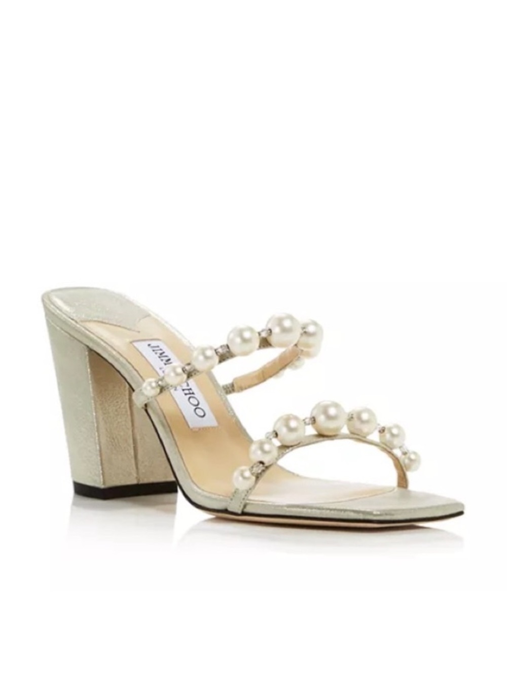 Jimmy Choo Pearl-Embellished Metallic Gold Block Heel Sandals